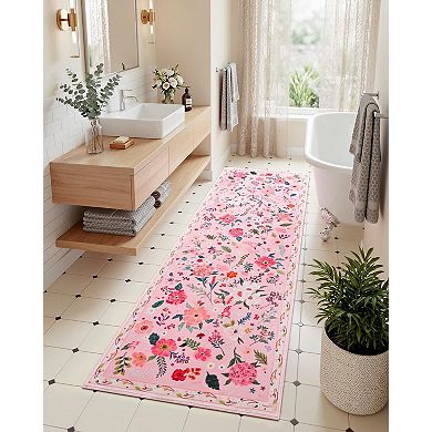 Pink Floral Printed Washable Runner Rug Non Slip Low Pile Home Decor