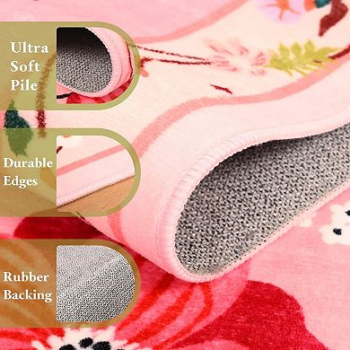 Pink Floral Printed Washable Runner Rug Non Slip Low Pile Home Decor