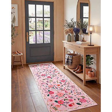 Pink Floral Printed Washable Runner Rug Non Slip Low Pile Home Decor