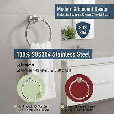 Brushed Nickel Stainless Steel Round Bathroom Towel Ring Wall Mount