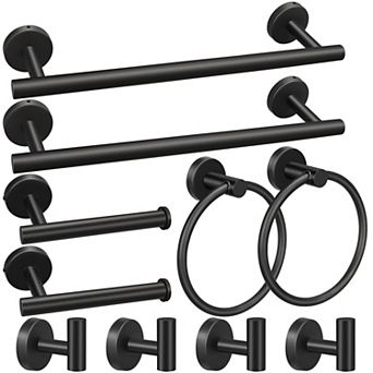 10 pc Bathroom Hardware Set Stainless Steel Matte Black Towel Bar Toilet Paper Holder Robe Hook