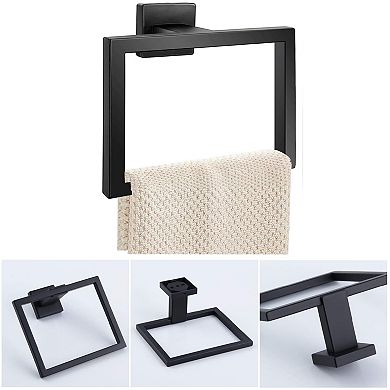 Matte Black SUS304 Stainless Steel Bathroom Towel Ring Modern Square Design