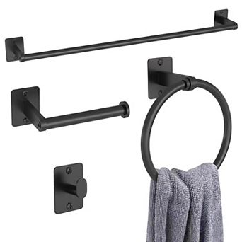 Matte Black 4 pc Bathroom Hardware Set Wall Mounted Towel Bar Toilet Paper Holder