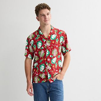Men’s Elf Big Face Candy Cane "Santa I Know Him" Graphic Short Sleeve Woven Shirt