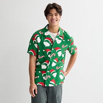 Men's Holiday Santa & Candy Cane All Over Print Short Sleeve Woven Shirt