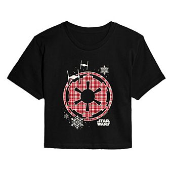 Juniors' Star Wars Holiday Plaid Empire Icon Cropped Tee