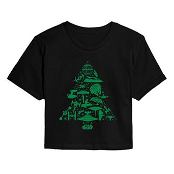 Juniors' Star Wars Ships Christmas Tree Cropped Tee