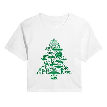 Juniors' Star Wars Ships Christmas Tree Cropped Tee