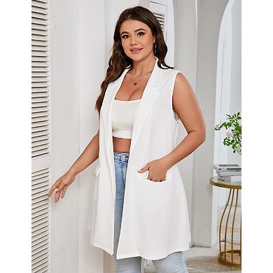 Women Plus Size Sleeveless Blazer Vest Open Front Single Button Casual Waistcoat with Pockets