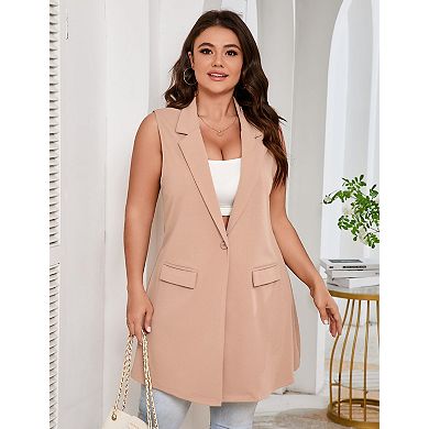 Women Plus Size Sleeveless Blazer Vest Open Front Single Button Casual Waistcoat with Pockets