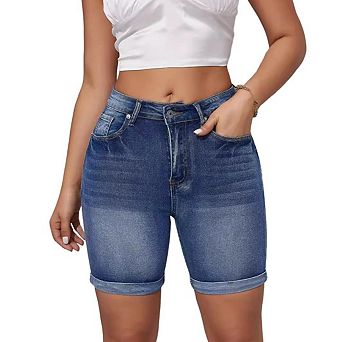 Women's High Waisted Denim Shorts Stretchy Slim Fit Cuffed Jean Shorts