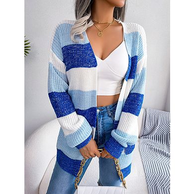 Women's Color Block Stripe Long Sleeve Casual Cardigan Open Front with Pockets
