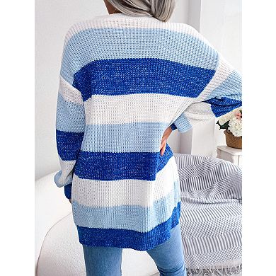 Women's Color Block Stripe Long Sleeve Casual Cardigan Open Front with Pockets