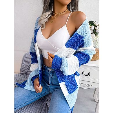 Women's Color Block Stripe Long Sleeve Casual Cardigan Open Front with Pockets
