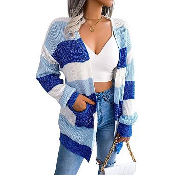 Women's Color Block Stripe Long Sleeve Casual Cardigan Open Front with Pockets