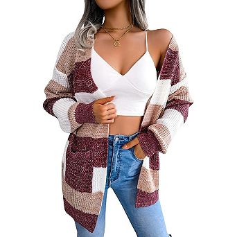 Women's Color Block Stripe Long Sleeve Casual Cardigan Open Front with Pockets