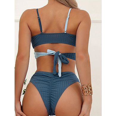 Color Block Bikini Set Wrap Cross Top High Waisted Bottom Swimwear for Beach