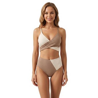 Color Block Bikini Set Wrap Cross Top High Waisted Bottom Swimwear for Beach
