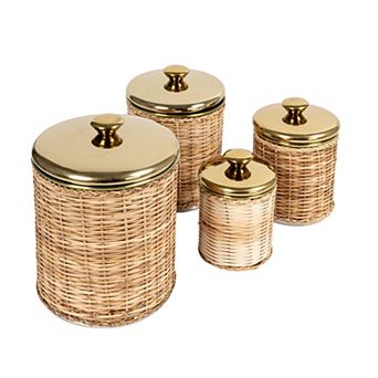 Hello Honey Rattan Wrapped Stainless Steel Canisters, Set of 4, Brass Finish