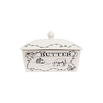 Hello Honey Country Stoneware Butter Dish with Lid, "Spread the Love", White and Black