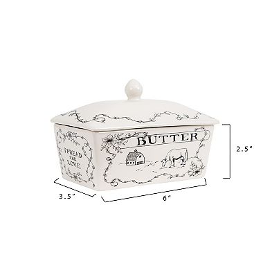 Hello Honey Country Stoneware Butter Dish with Lid, "Spread the Love", White and Black