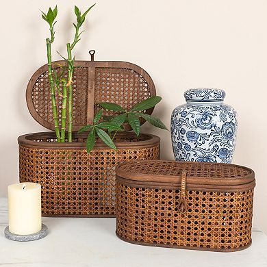 Hello Honey Modern Decorative Oval Woven Rattan Storage Boxes, Set of 2 Sizes