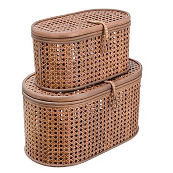 Hello Honey Modern Decorative Oval Woven Rattan Storage Boxes, Set of 2 Sizes