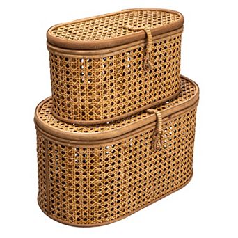 Hello Honey Modern Decorative Oval Woven Rattan Storage Boxes, Set of 2 Sizes