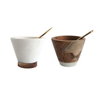Hello Honey Marble and Mango Wood Pinch Pot with Spoon, White and Brown, Set of 2
