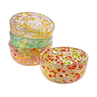 Hello Honey Round Glass Bowl with 4 Pattern Design Styles, Multicolor, Set of 4