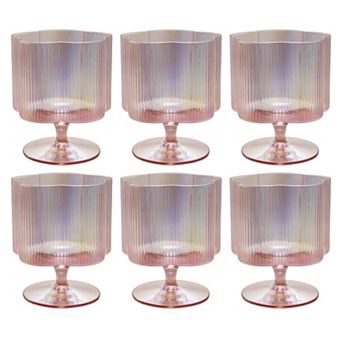 Hello Honey 12-Ounce Hand-Blown Pleated Flower Shaped Stemmed Wine Glass, Pink, Set of 6