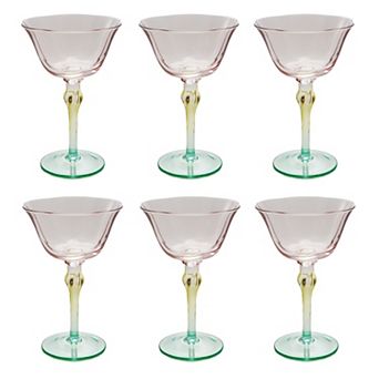 Hello Honey 6-Ounce Hand-Blown Stemmed Wine Glass, Pink, Yellow and Green, Set of 6