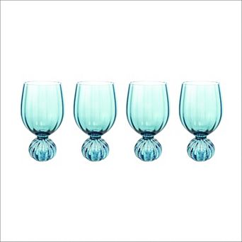 Hello Honey 14-Ounce Pleated Footed Wine Glass, Blue, Set of 4