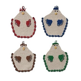 Hello Honey Cotton Crocheted Chicken Pot Holder, Multicolor, Set of 4