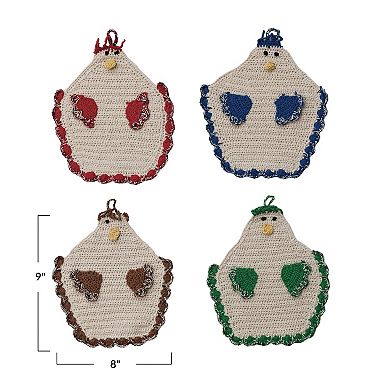 Hello Honey Cotton Crocheted Chicken Pot Holder, Multicolor, Set of 4