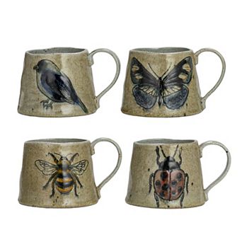 Hello Honey Stoneware Mug Set with Insect and Bird Designs, Multicolor, Set of 4