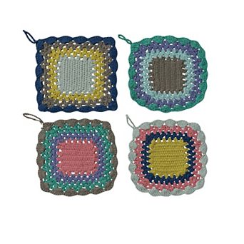 Hello Honey 4 pc Cotton Crocheted Scalloped Pot Holder Set, Multicolor