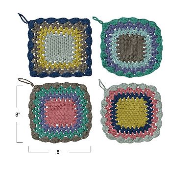 Hello Honey 4-Piece Cotton Crocheted Scalloped Pot Holder Set, Multicolor