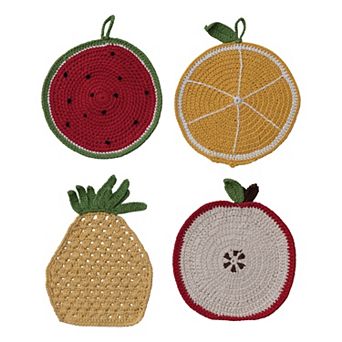 Hello Honey 4 pc Cotton Crocheted Fruit Shaped Pot Holder Set, Multicolor