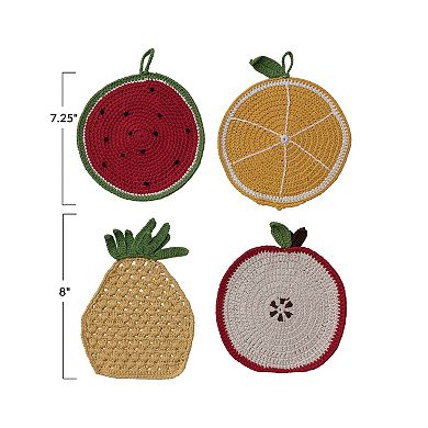 Hello Honey 4-Piece Cotton Crocheted Fruit Shaped Pot Holder Set, Multicolor