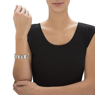 Oval Simulated Mother-of-Pearl Antiqued Silvertone Daisy Stretch Bracelet 7"