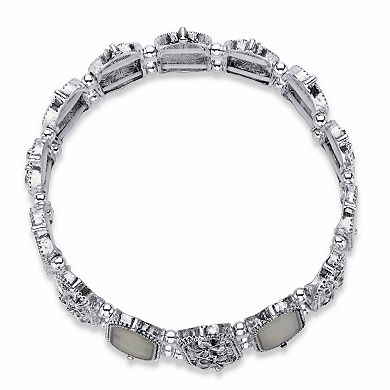 Oval Simulated Mother-of-Pearl Antiqued Silvertone Daisy Stretch Bracelet 7"