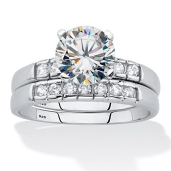 2.33 ct w. Round Cut Cubic Zirconia Platinum Over Silver 2 pc Bridal Ring Set