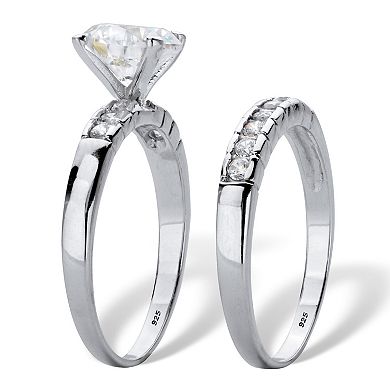 2.33 Cttw. Round Cut Cubic Zirconia Platinum Over Silver 2 Piece Bridal Ring Set