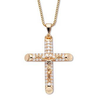 Men's Round Crystal Crucifix Cross Pendant and Chain Goldtone 24" Length