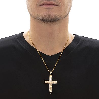 Men's Round Crystal Crucifix Cross Pendant and Chain Goldtone 24" Length
