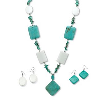 Silvertone Simulated Turquoise Lucite Drop Necklace and 2 Pair Drop Earring Set