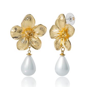 JS Jessica Simpson Gold-Tone Flower Earrings with Dangling Faux Pearl, Drop Earrings for Women