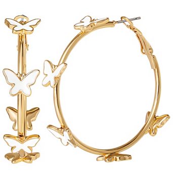 JS Jessica Simpson Butterfly Earrings for Women, White Enamel and Gold-Tone Butterfly Hoop Earrings
