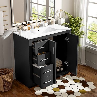Merax 36" Bathroom Vanity with Ceramic Sink, Solid Wood Frame Freestanding Storage Cabinet